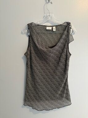 Y2K Covington Black Geometric Sleeveless Blouse Sheer Size 12 Cowl Neckline EUC